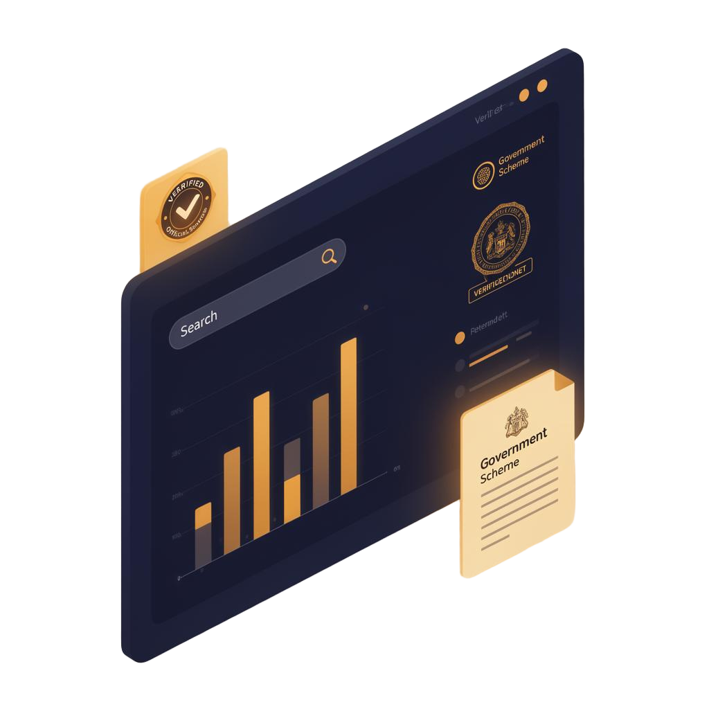 Illustration of the ProFind dashboard with charts, search and verified government scheme documents