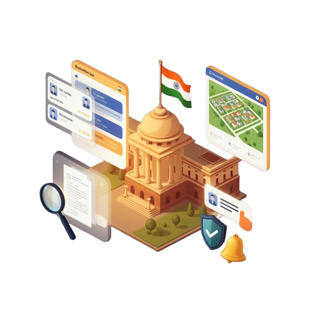 Illustration of an Indian government building surrounded by job listings, a housing plot map, a verified shield and notification alerts